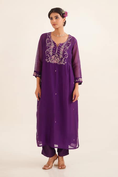 Shop_Tatwa_Purple Chanderi, Cotton Embroidery, Sequins, Zari Split Day Dream Kurta Set _Online_at_Aza_Fashions
