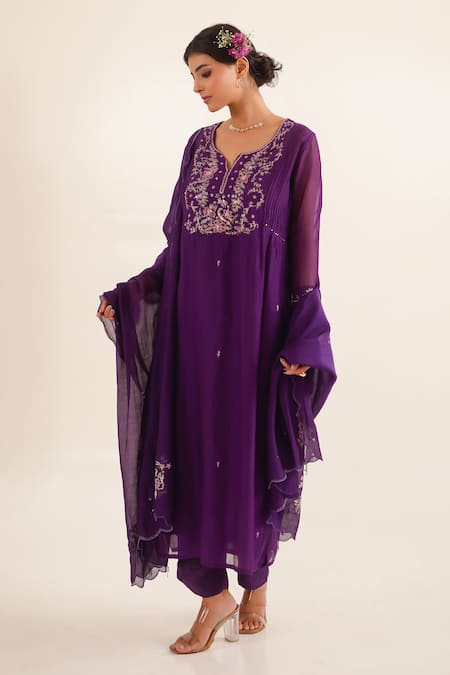 Tatwa_Purple Chanderi, Cotton Embroidery, Sequins, Zari Split Day Dream Kurta Set _at_Aza_Fashions