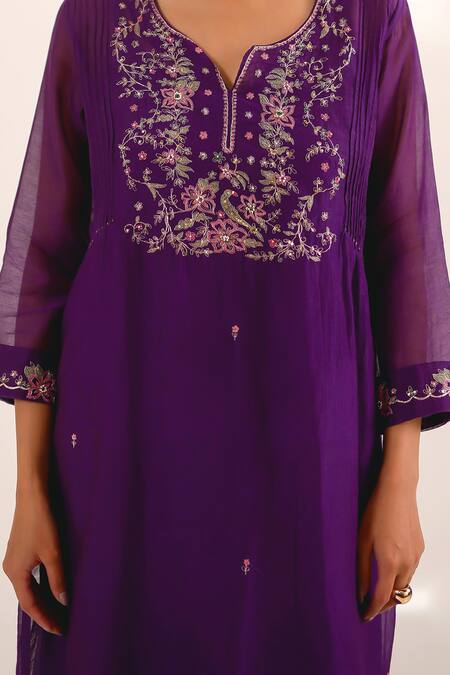 Shop_Tatwa_Purple Chanderi, Cotton Embroidery, Sequins, Zari Split Day Dream Kurta Set 