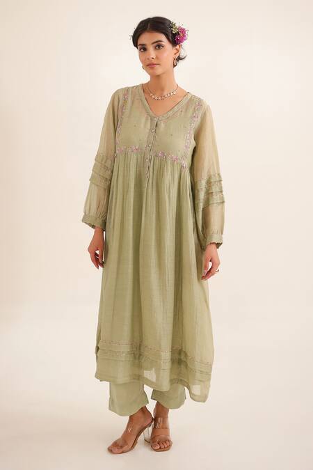 Tatwa_Aqua Chanderi, Cotton Embroidery, Sequins Split V-neck Kurta Set _Online_at_Aza_Fashions