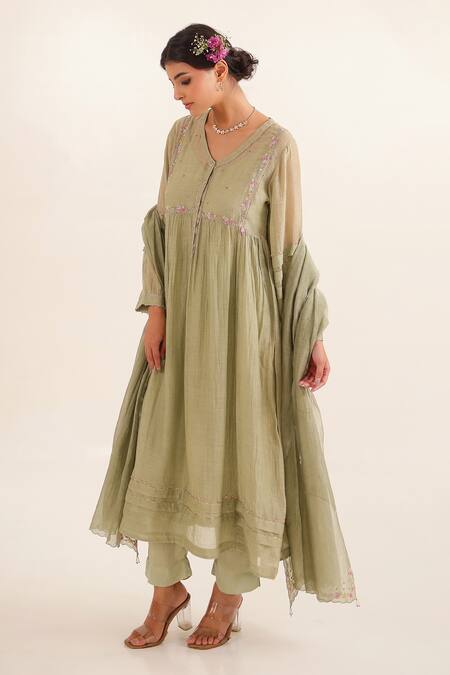 Shop_Tatwa_Aqua Chanderi, Cotton Embroidery, Sequins Split V-neck Kurta Set _Online_at_Aza_Fashions