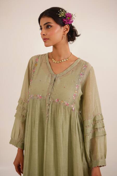 Tatwa_Aqua Chanderi, Cotton Embroidery, Sequins Split V-neck Kurta Set _at_Aza_Fashions