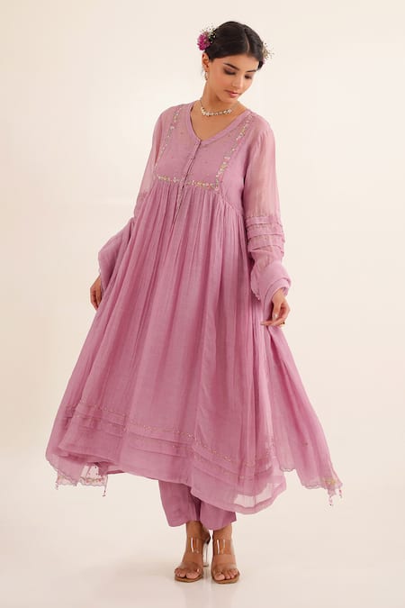 Tatwa_Purple Chanderi, Cotton Embroidery, Sequins Split Lilac Pleated Kurta Set _Online_at_Aza_Fashions