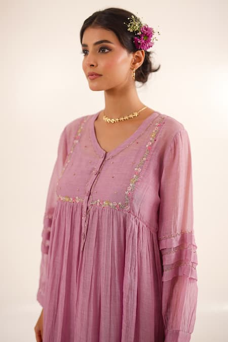 Buy_Tatwa_Purple Chanderi, Cotton Embroidery, Sequins Split Lilac Pleated Kurta Set _Online_at_Aza_Fashions