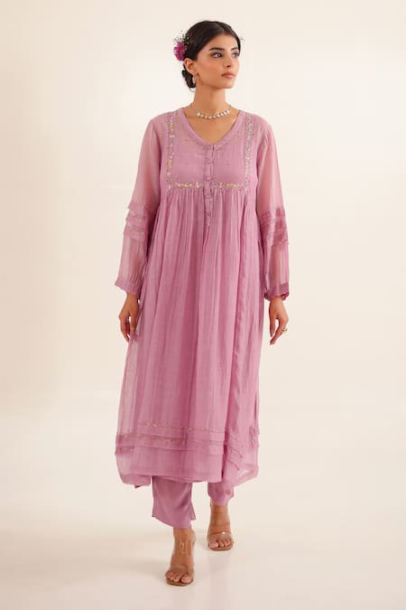 Shop_Tatwa_Purple Chanderi, Cotton Embroidery, Sequins Split Lilac Pleated Kurta Set _Online_at_Aza_Fashions