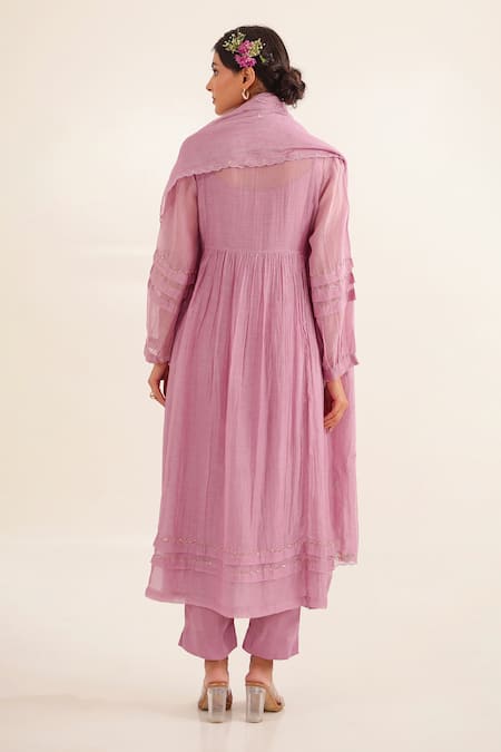 Tatwa Lilac Pleated Chanderi Embroidered Kurta Set 