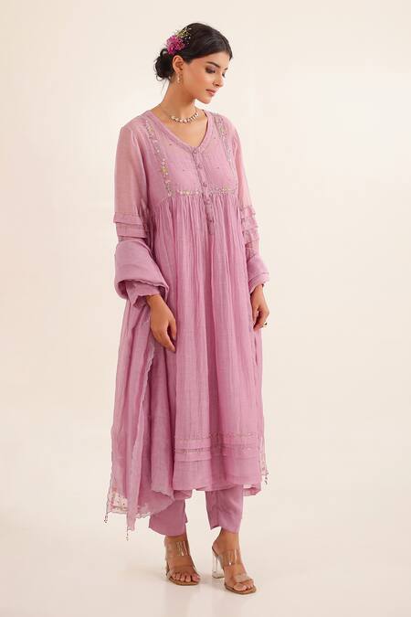 Tatwa_Purple Chanderi, Cotton Embroidery, Sequins Split Lilac Pleated Kurta Set _at_Aza_Fashions
