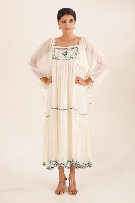 Tatwa_White Chanderi Embroidery, Tassels Square Victorian Art Tiered Kurta With Scarf _Online_at_Aza_Fashions