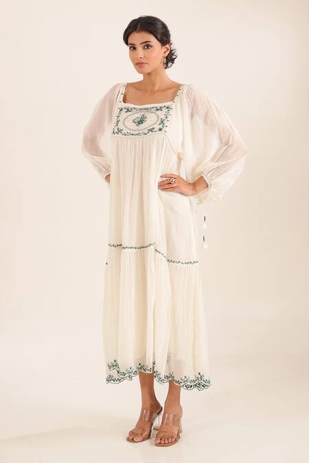 Shop_Tatwa_White Chanderi Embroidery, Tassels Square Victorian Art Tiered Kurta With Scarf _Online_at_Aza_Fashions