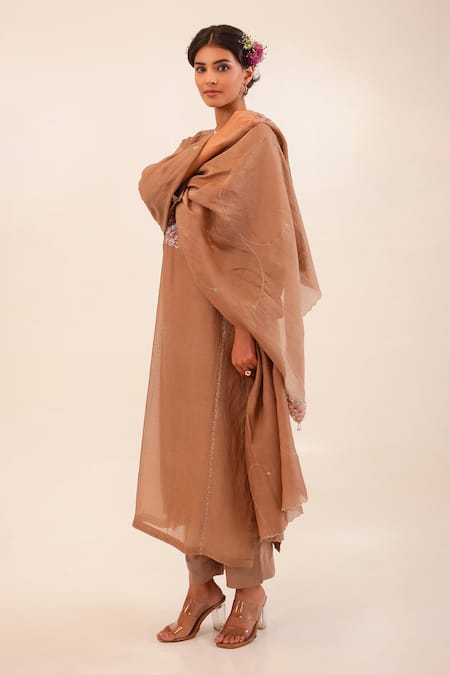 Tatwa_Brown Chanderi, Cotton Embroidery, Sequins, Stones Round Neck Kurta With Scarf _Online_at_Aza_Fashions