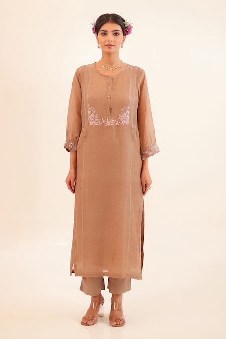 Shop_Tatwa_Brown Chanderi, Cotton Embroidery, Sequins, Stones Round Neck Kurta With Scarf _Online_at_Aza_Fashions