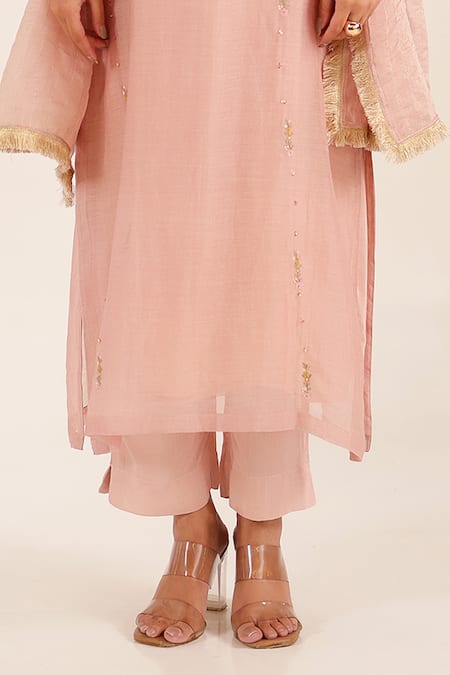 Tatwa_Pink Chanderi, Cotton Embroidery, Beads, Lace Split Twin Bouquet Kurta Set _Online_at_Aza_Fashions
