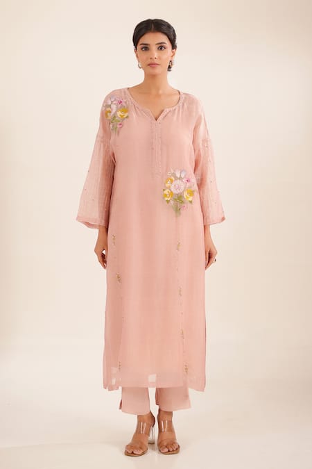Buy_Tatwa_Pink Chanderi, Cotton Embroidery, Beads, Lace Split Twin Bouquet Kurta Set _Online_at_Aza_Fashions