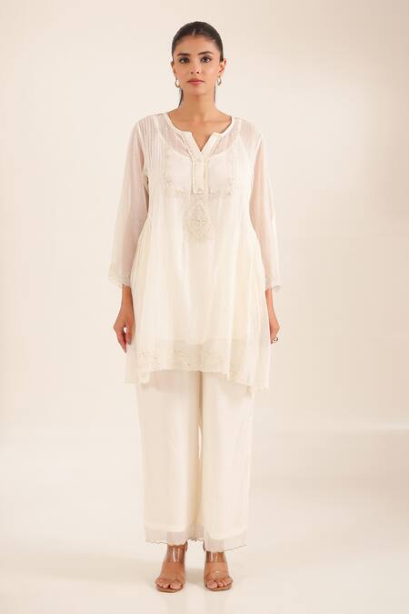 Tatwa_Off White Chanderi Embroidery, Sequins, Beads Split V-neck Top Palazzo Set _Online_at_Aza_Fashions