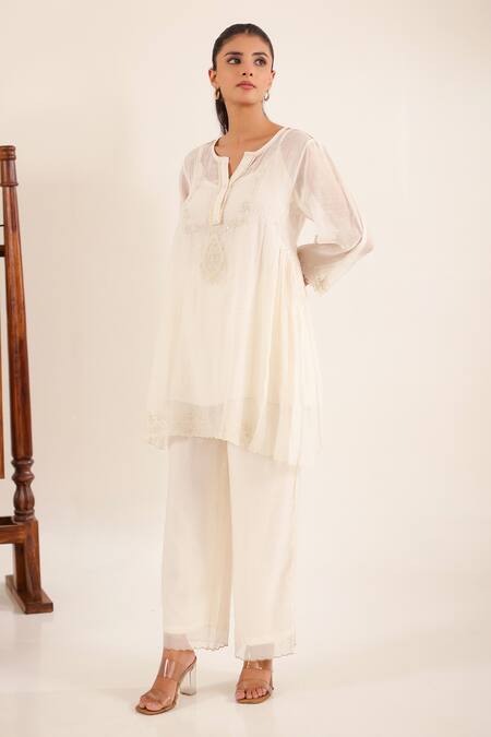 Buy_Tatwa_Off White Chanderi Embroidery, Sequins, Beads Split V-neck Top Palazzo Set _Online_at_Aza_Fashions