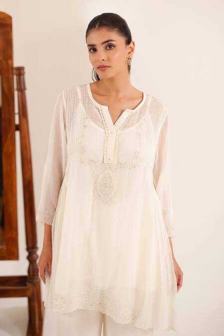 Shop_Tatwa_Off White Chanderi Embroidery, Sequins, Beads Split V-neck Top Palazzo Set _Online_at_Aza_Fashions