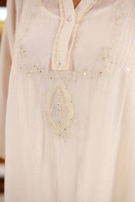 Tatwa_Off White Chanderi Embroidery, Sequins, Beads Split V-neck Top Palazzo Set _at_Aza_Fashions