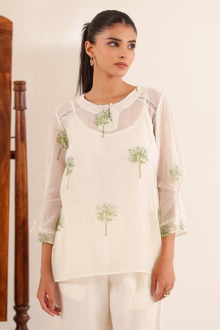 Tatwa White Chanderi Embroidery, Lace Round , Keyhole Top Pant Set at Aza Fashions Tatwa_White Chanderi Embroidery, Lace Round , Keyhole Top Pant Set _at_Aza_Fashions