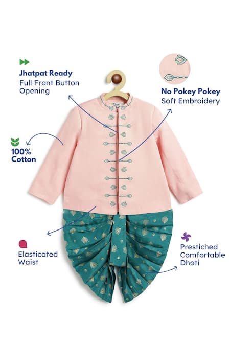 Tiber Taber_Pink Viscose Embroidery, Foil Printing Bandhgala And Printed Dhoti Set _at_Aza_Fashions