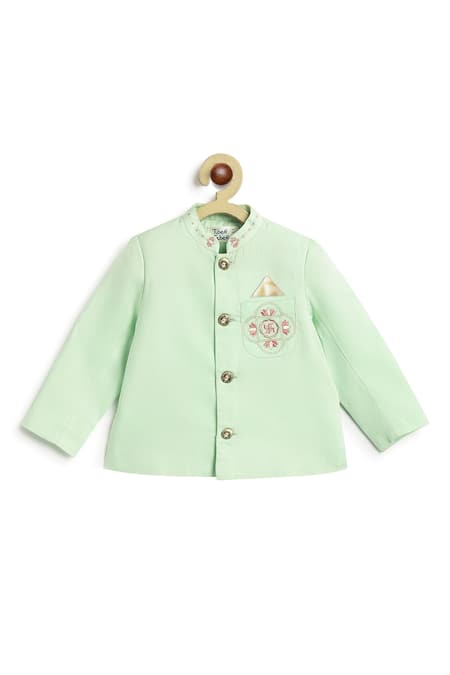 Tiber Taber Green Cotton Embroidery Bandhgala And Pant Set For Boys Online at Aza Fashions Tiber Taber_Green Cotton Embroidery Bandhgala And Pant Set For Boys _Online_at_Aza_Fashions