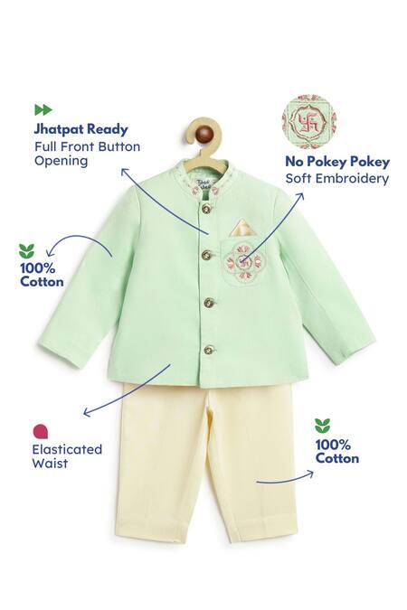 Buy Tiber Taber Green Cotton Embroidery Bandhgala And Pant Set For Boys Buy_Tiber Taber_Green Cotton Embroidery Bandhgala And Pant Set For Boys