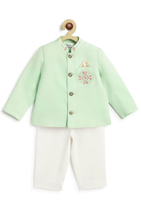 Shop Tiber Taber Green Cotton Embroidery Bandhgala And Pant Set For Boys at Aza Fashions Shop_Tiber Taber_Green Cotton Embroidery Bandhgala And Pant Set For Boys _at_Aza_Fashions