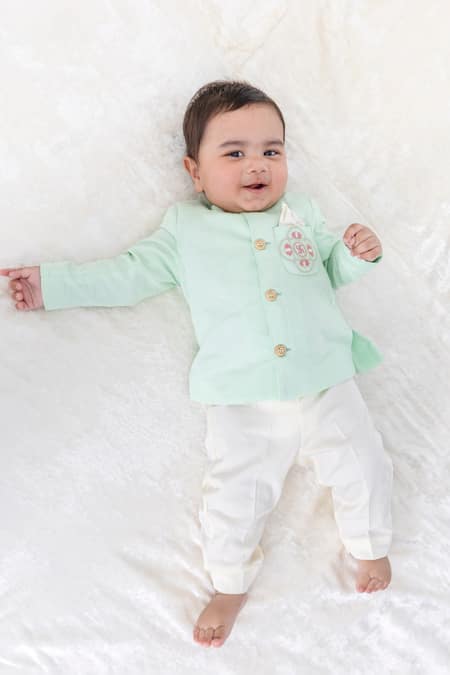 Shop Tiber Taber Green Cotton Embroidery Bandhgala And Pant Set For Boys Shop_Tiber Taber_Green Cotton Embroidery Bandhgala And Pant Set For Boys