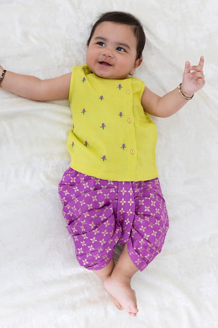 Shop Tiber Taber Lime Viscose Embroidery, Foil Printing Kurta And Printed Dhoti Pant Set Online at Aza Fashions Shop_Tiber Taber_Lime Viscose Embroidery, Foil Printing Kurta And Printed Dhoti Pant Set _Online_at_Aza_Fashions