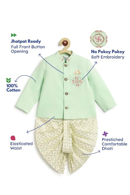 Tiber Taber Green Cotton, Viscose Embroidery, Foil Bandhgala And Printed Dhoti Pant Set at Aza Fashions Tiber Taber_Green Cotton, Viscose Embroidery, Foil Bandhgala And Printed Dhoti Pant Set _at_Aza_Fashions