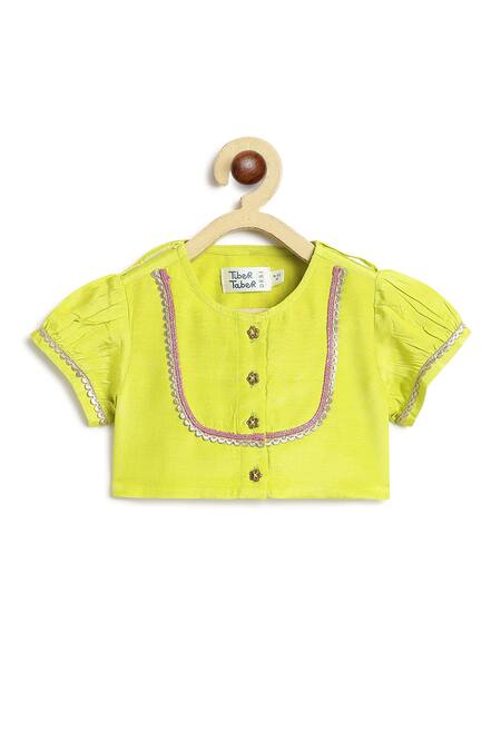 Tiber Taber_Lime Viscose Lace, Tassels, Foil Printing, Gota Geometric Pattern Lehenga Set _Online_at_Aza_Fashions