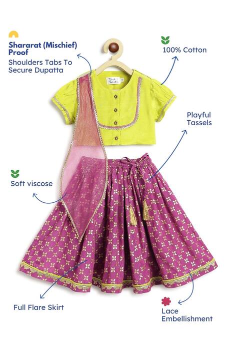 Tiber Taber_Lime Viscose Lace, Tassels, Foil Printing, Gota Geometric Pattern Lehenga Set _at_Aza_Fashions