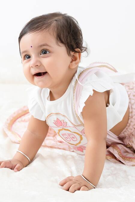 Tiber Taber_White Viscose, Net Embroidery, Foil Printing, Lotus Motif Blouse And Lehenga Set _at_Aza_Fashions