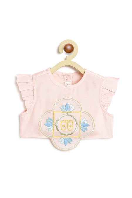 Tiber Taber_Pink Viscose, Net Embroidery, Foil Printing, Lace Blouse Lehenga Set _Online_at_Aza_Fashions