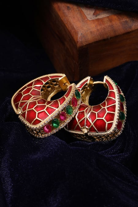 Ruby Raang Kundan Stone Enamel Hoops 