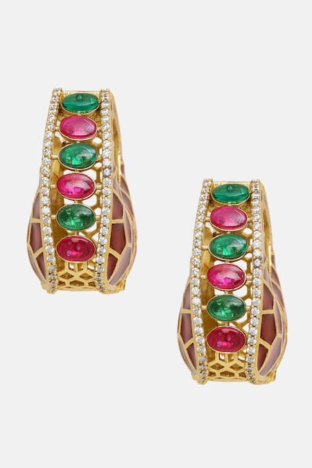 Ruby Raang_Multi Color Stones Kundan Enamel Hoops _at_Aza_Fashions