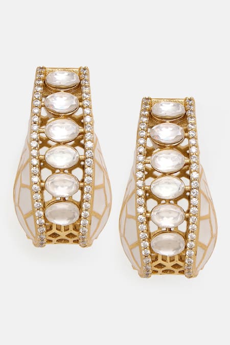 Ruby Raang_Gold Plated Stones, Crystals Kundan And Embellished Hoop Earrings _at_Aza_Fashions