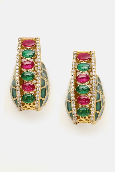 Shop_Ruby Raang_Multi Color Stones, Crystals Kundan And Enamel Embellished Hoop Earrings _Online_at_Aza_Fashions