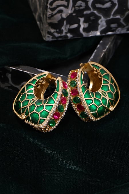 Ruby Raang Kundan & Enamel Stone Embellished Hoop Earrings 