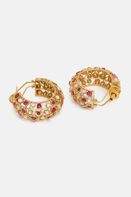Buy_Ruby Raang_Gold Plated Stones, Pearls Kundan And Embellished Hoop Earrings _Online_at_Aza_Fashions