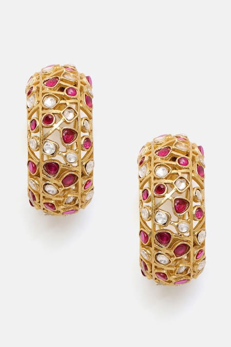 Ruby Raang_Gold Plated Stones, Pearls Kundan And Embellished Hoop Earrings _at_Aza_Fashions