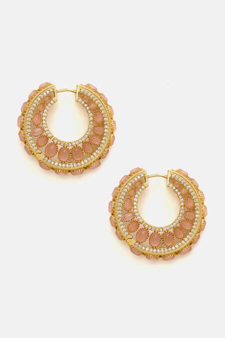Shop_Ruby Raang_Peach Stones Kundan Embellished Hoop Earrings _Online_at_Aza_Fashions
