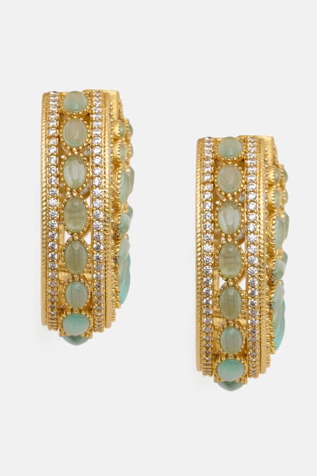 Shop Ruby Raang Green Stones, Crystals Kundan And Embellished Hoop Earrings Online at Aza Fashions Shop_Ruby Raang_Green Stones, Crystals Kundan And Embellished Hoop Earrings _Online_at_Aza_Fashions