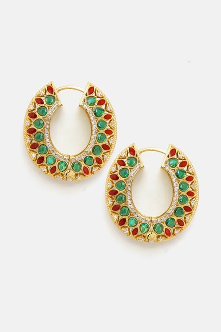 Shop_Ruby Raang_Multi Color Stones, Crystals Kundan And Embellished Hoop Earrings _Online_at_Aza_Fashions