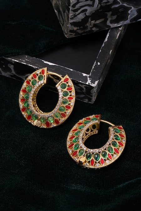 Ruby Raang Kundan & Stone Embellished Hoop Earrings 