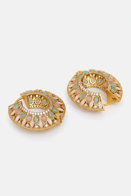 Buy Ruby Raang Gold Plated Stones Kundan Embellished Hoop Earrings Online at Aza Fashions Buy_Ruby Raang_Gold Plated Stones Kundan Embellished Hoop Earrings _Online_at_Aza_Fashions