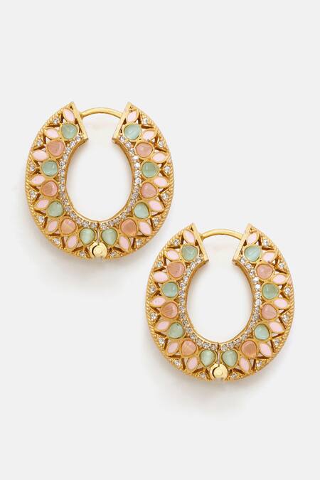 Shop Ruby Raang Gold Plated Stones Kundan Embellished Hoop Earrings Online at Aza Fashions Shop_Ruby Raang_Gold Plated Stones Kundan Embellished Hoop Earrings _Online_at_Aza_Fashions