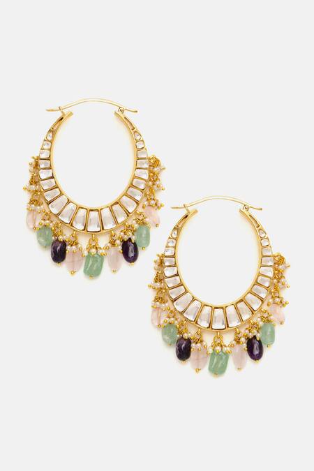 Shop Ruby Raang Multi Color Stones, Pearls, Beads Kundan And Embellished Hoop Earrings Online at Aza Fashions Shop_Ruby Raang_Multi Color Stones, Pearls, Beads Kundan And Embellished Hoop Earrings _Online_at_Aza_Fashions