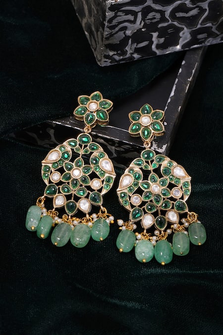 Ruby Raang Kundan & Green Stone Drop Earrings 