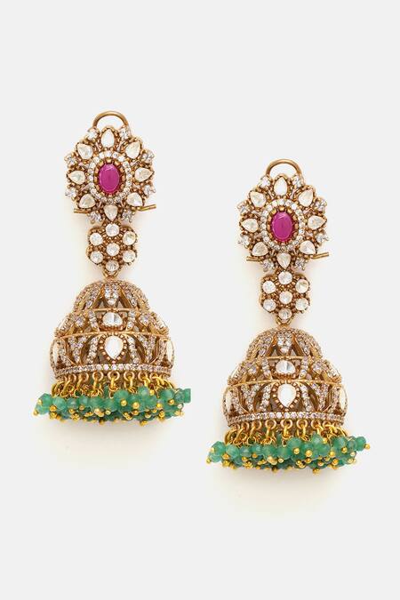 Shop_Ruby Raang_Multi Color Stones, Beads Kundan And Embellished Jhumki Earrings _Online_at_Aza_Fashions