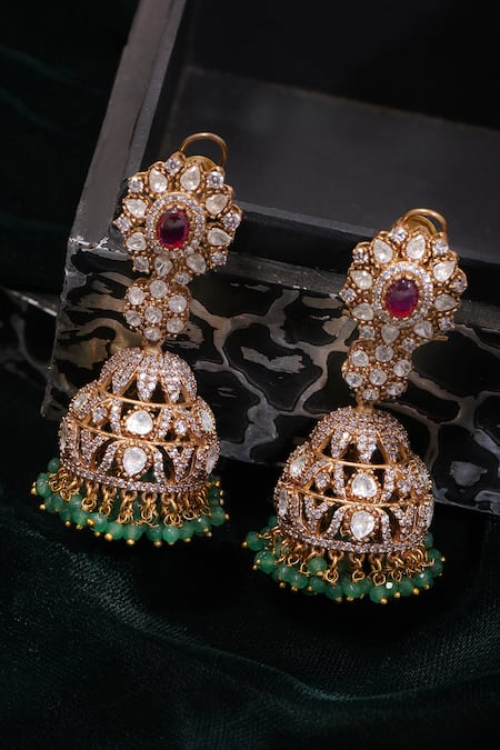 Ruby Raang Kundan & Stone Embellished Jhumki Earrings 